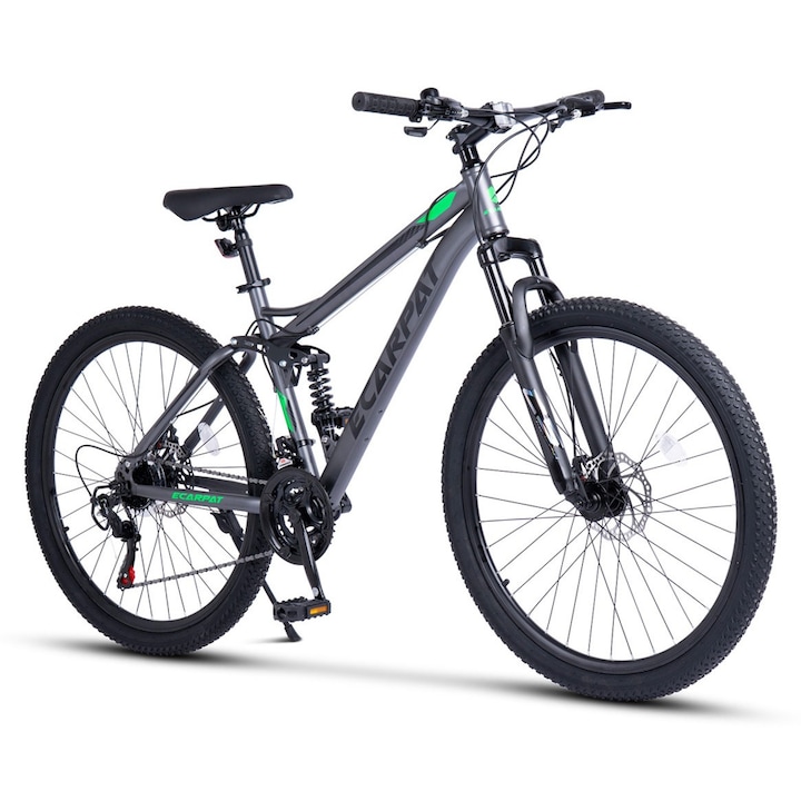 Bicicleta MTB de munte Carpat Matador JSX2760, Shimano, suspensie fata/spate Genius, roata 27.5 inch, frane pe disc, 21 viteze, gri cu verde