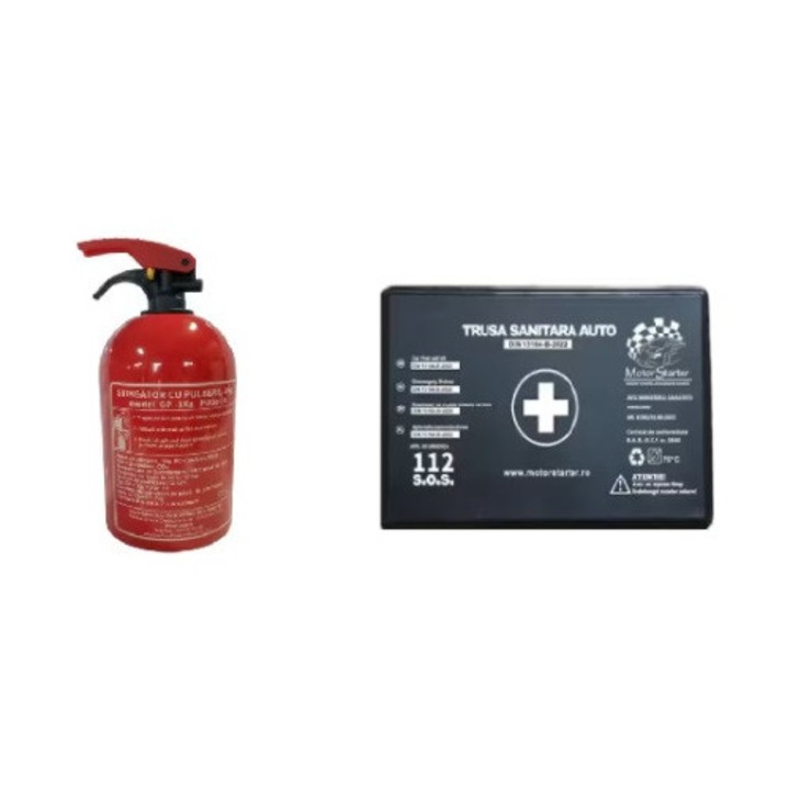 Kit siguranta rutiera omologat, valabil 5 ani, Stingator P1 fara manometru si Trusa Medicala