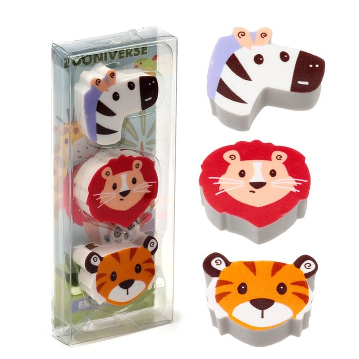 Set 3 Gume de sters Zooniverse, pentru scoala, design animale salbatice