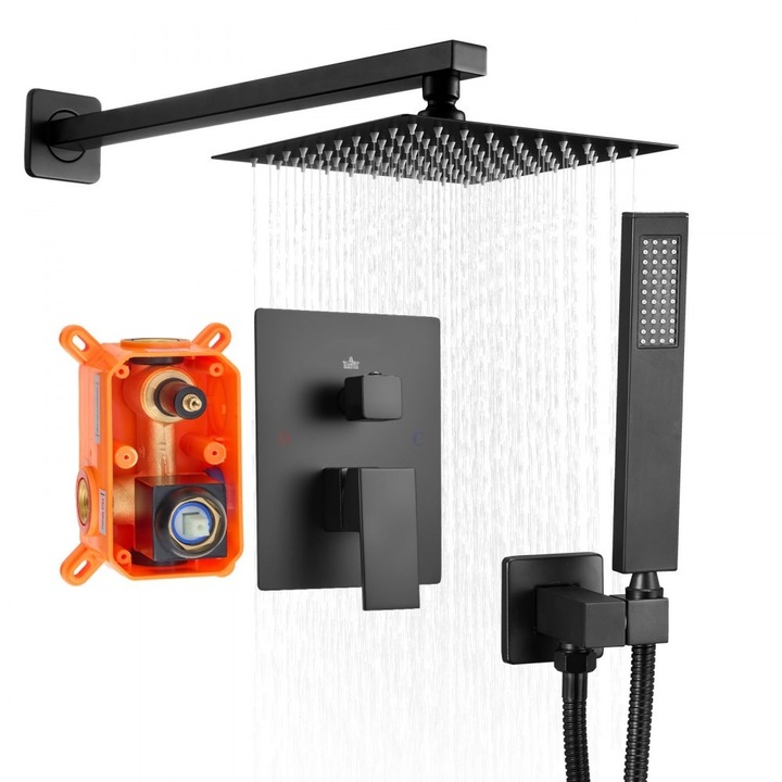 Set Baterie Dus, Cap Patrat Efect Ploaie, 20 cm, Finisaj Negru Mat