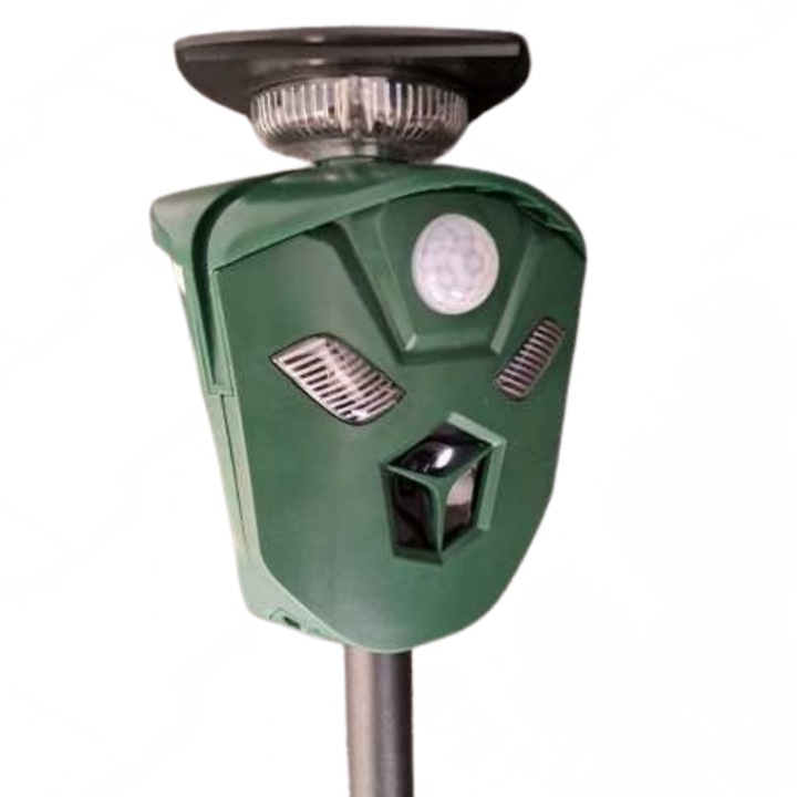 Repellent EXKMBGN, cu Ultrasunete si Difuzor, pentru Animale si Pasari cu Actiune pe 360 de Grade, Incarcare Solara si USB, cu Acumulator Puternic si Panou Solar Performant