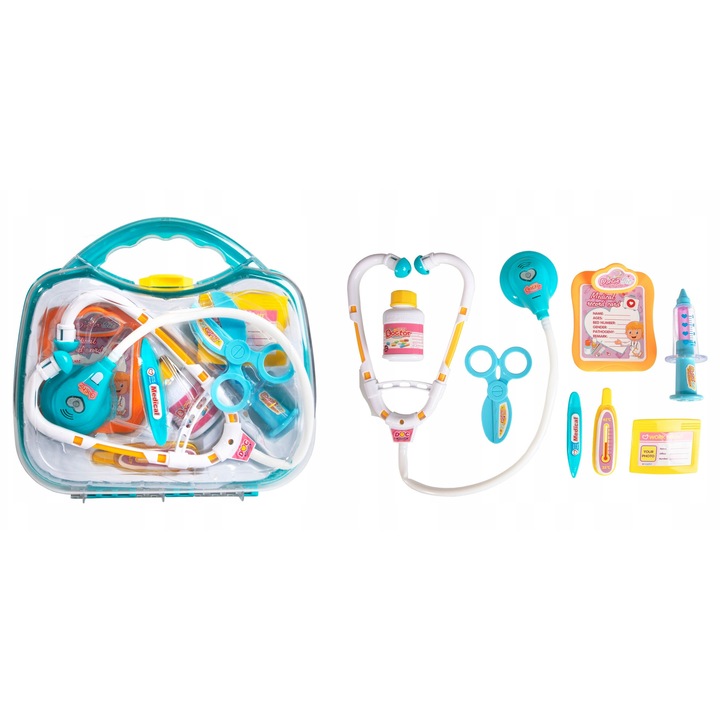 Set joaca doctor, NORIMPEX, 8 accesorii, efecte luminoase si sonore, albastru, 23x21x5,5cm