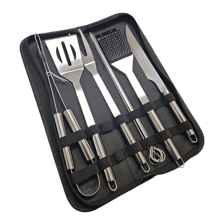 Set de 9 ustensile pentru gratar din otel inoxidabil, 4 tepuse pentru frigarui, cu geanta de transport, Argintiu, accesorii gratar, 39x13x5cm