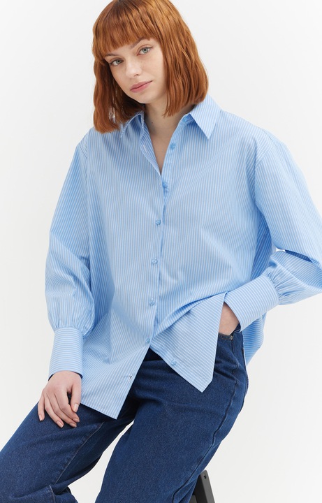 Camasa dama WOLCZANKA, cu dungi, albastru deschis, bumbac, croiala lejera, guler clasic, maneci lungi, XS INTL