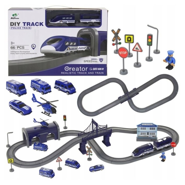 Trenulete de jucarie, Pegaz, Kolejka electrica policie, 4 masini, multicolor, 83x39cm