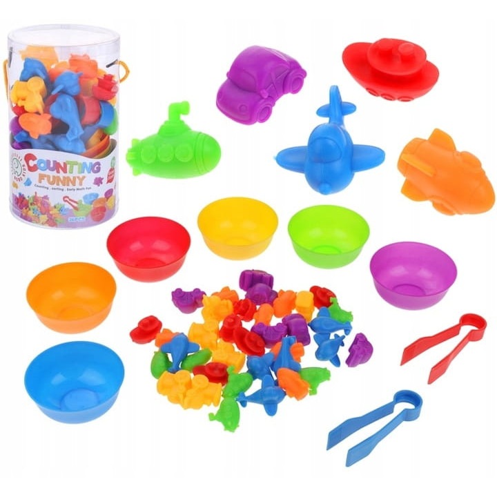 Jucarie educativa Pegaz, set cu 36 vehicule colorate, sortare culori si forme, 3+ ani, dimensiuni 9,5x9,5x16,5cm