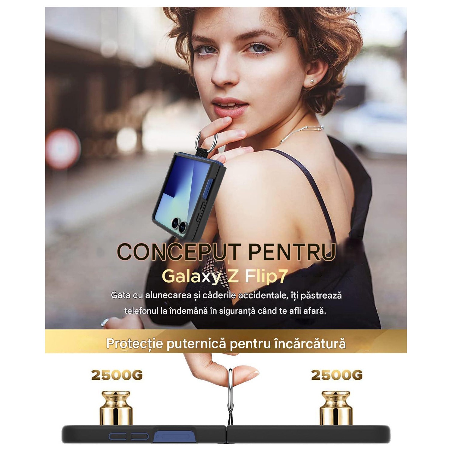 Husa pentru Samsung Galaxy Z Flip 7 DaDen cu inel, Protectie antisoc, Camera Ultra Safe, Silicon, Negru