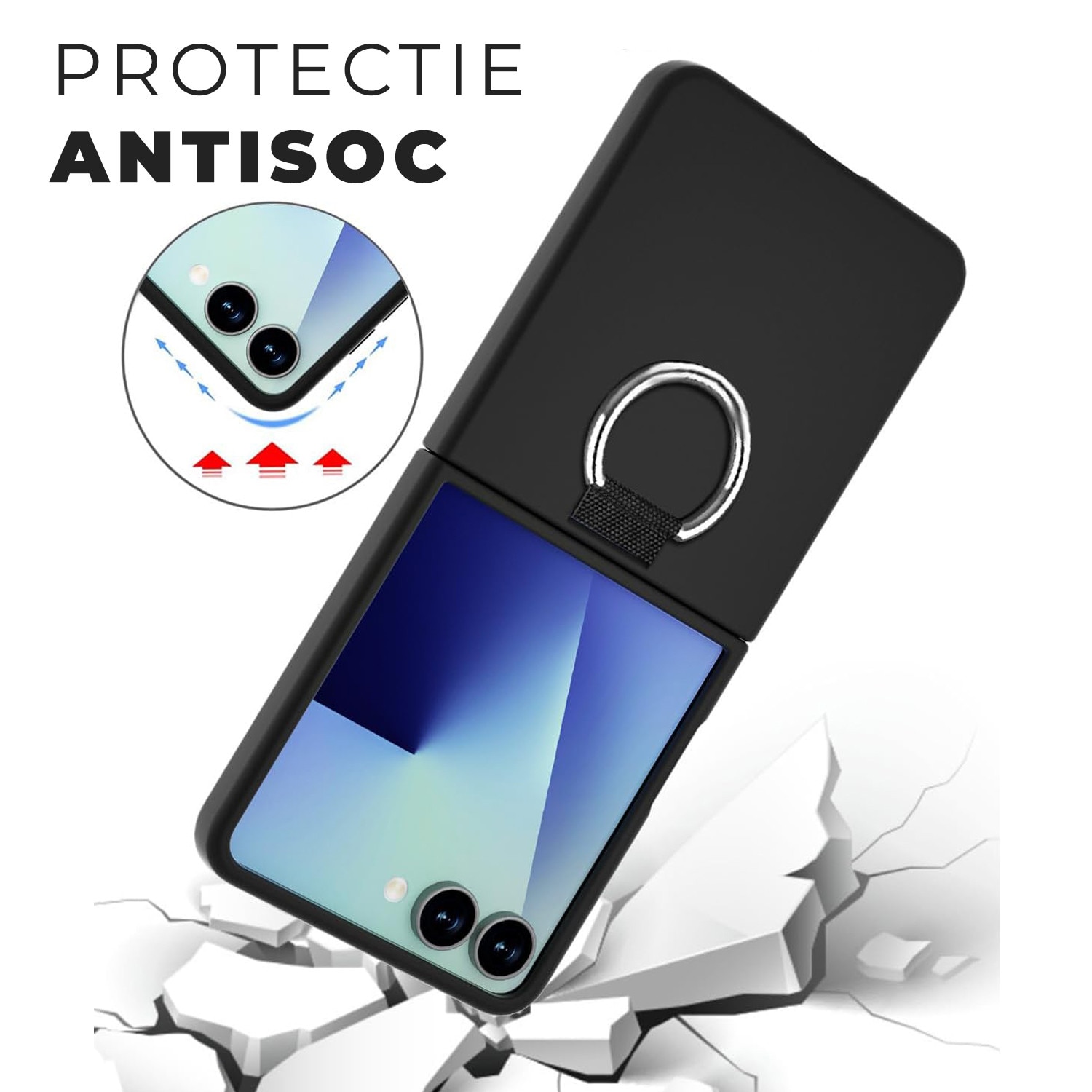 Husa pentru Samsung Galaxy Z Flip 7 DaDen cu inel, Protectie antisoc, Camera Ultra Safe, Silicon, Negru