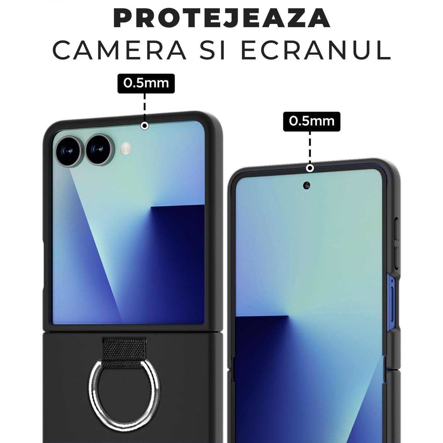 Husa pentru Samsung Galaxy Z Flip 7 DaDen cu inel, Protectie antisoc, Camera Ultra Safe, Silicon, Negru