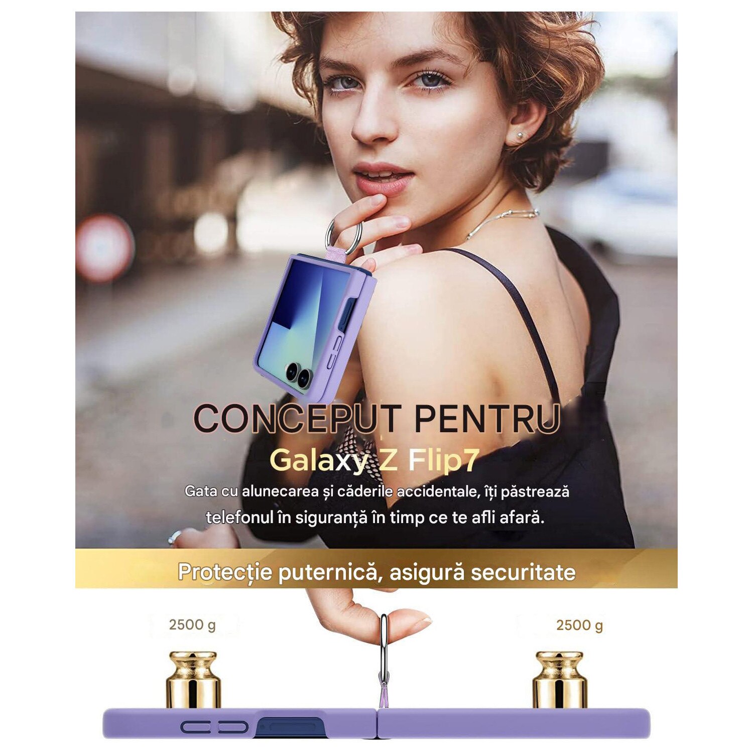 Husa pentru Samsung Galaxy Z Flip 7 DaDen cu inel, Protectie antisoc, Camera Ultra Safe, Silicon, Roz