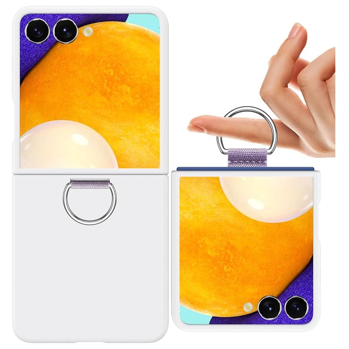 Калъф за Samsung Galaxy Z Flip 7 DaDen с пръстен, Противоударен, Ултра безопасна камера, Силикон, Бял