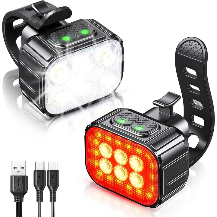 Kerékpárlámpa szett, 6 LED-es, első és hátsó lámpa, USB-ről tölthető, 1100 mAh-s akkumulátorral, 4 + 6 világítási mód, IPX65 vízálló, Fehér/Piros