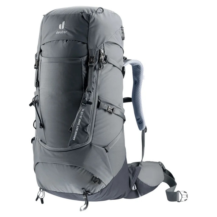 Rucsac trekking feminin Deuter Aircontact Core 35+10L, 35L capacitate, sistem de purtare Y, gri