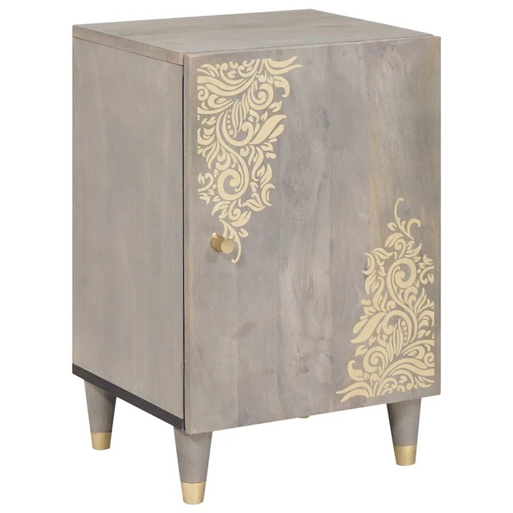 Sifonier baie, VidaXL, din lemn masiv de mango, gri, 38x33x58 cm, design modern, usi cu finisaj neted