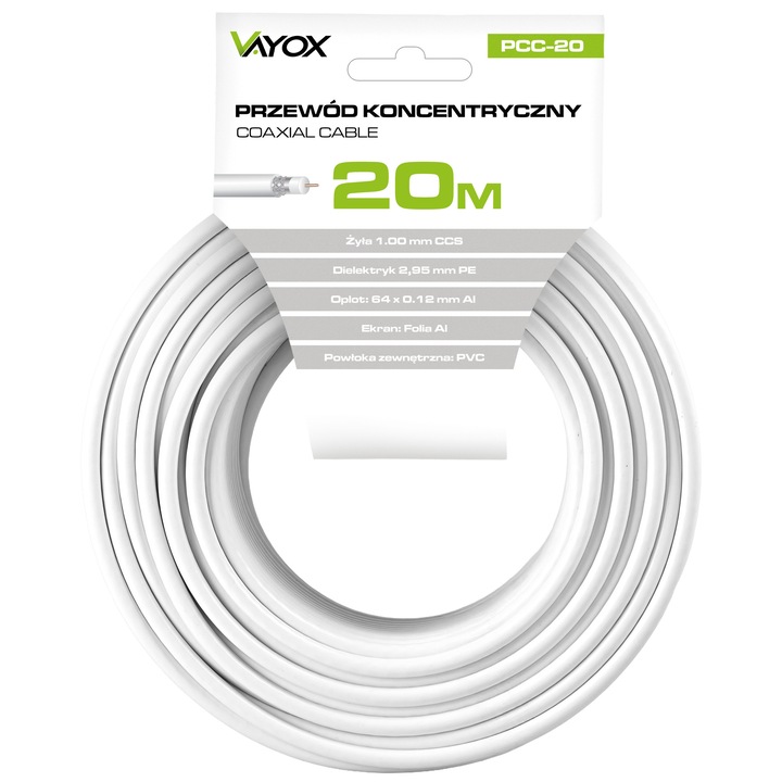 Коаксиален кабел за телевизионна антена Vayox RG6U 20м PCC-20
