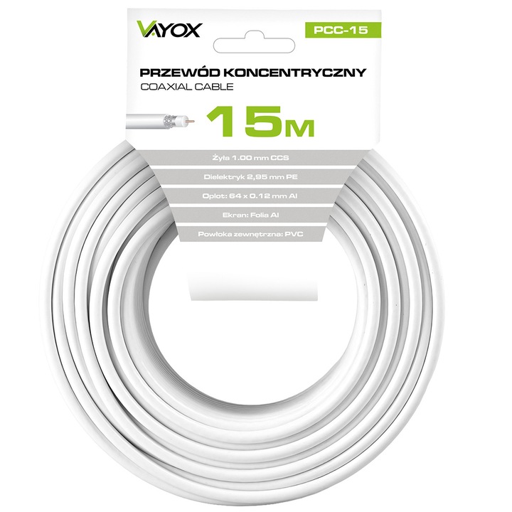 Koaxiális TV antenna kábel Vayox RG6U 15m PCC-15