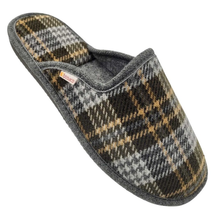Papuci de fetru pentru barbati Bosaco, bumbac in carouri, brant din fetru, talpa EVA, marimea 46, verde