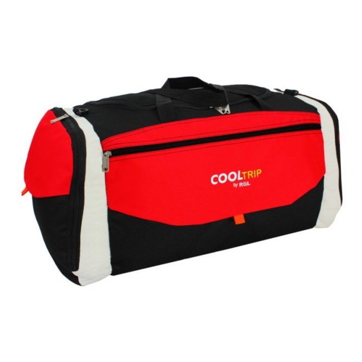 Geanta de voiaj RGL 74L, impermeabila, 6 buzunare, 64x35x33cm, negru/rosu