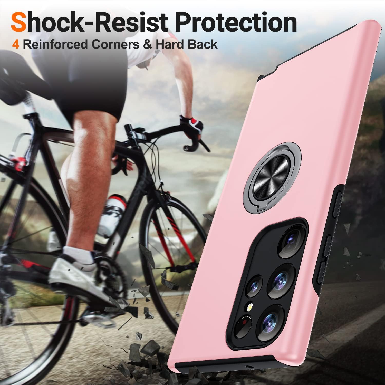 Husa de protectie pentru Samsung Galaxy S23 Ultra, Hybrid Antisoc, Kickstand, Bumper inel rotativ 360, Pink