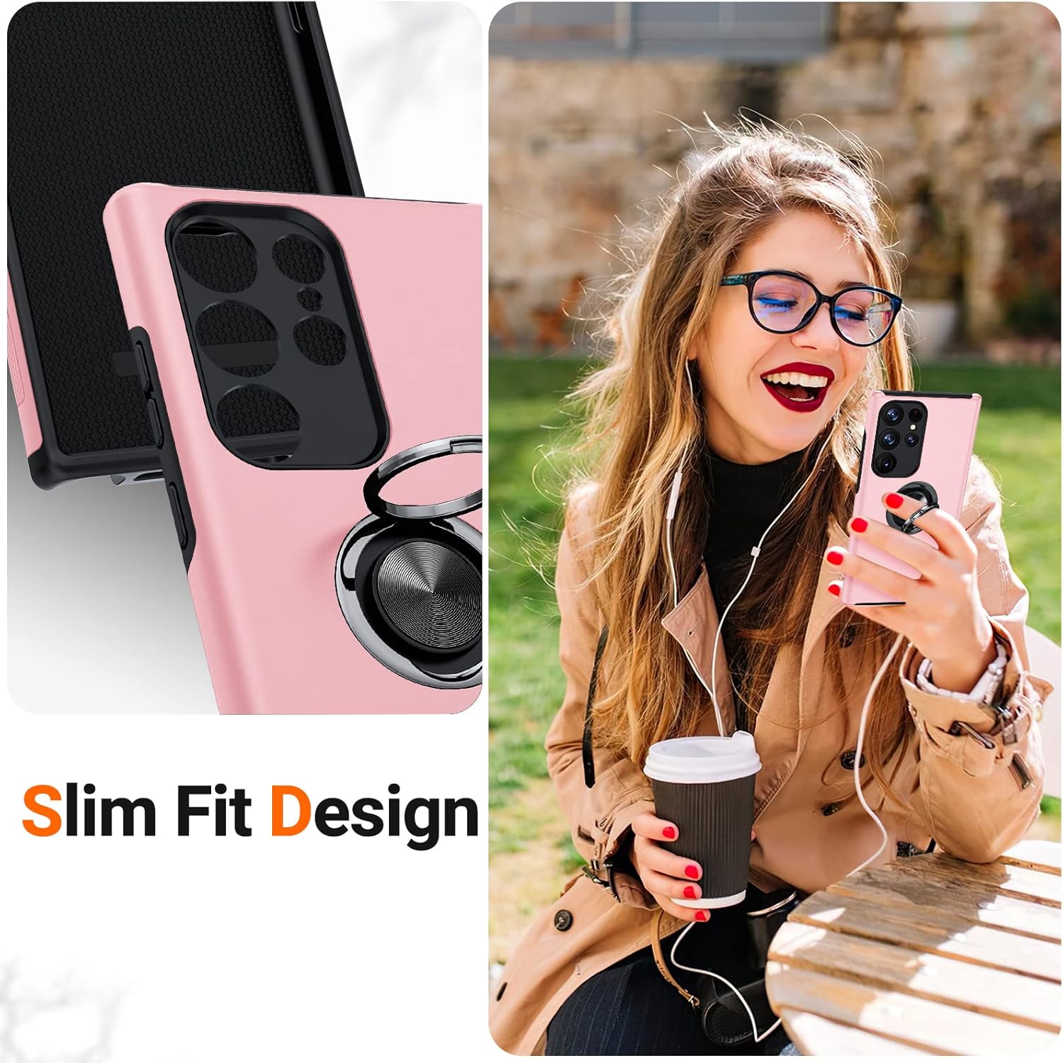Husa de protectie pentru Samsung Galaxy S23 Ultra, Hybrid Antisoc, Kickstand, Bumper inel rotativ 360, Pink