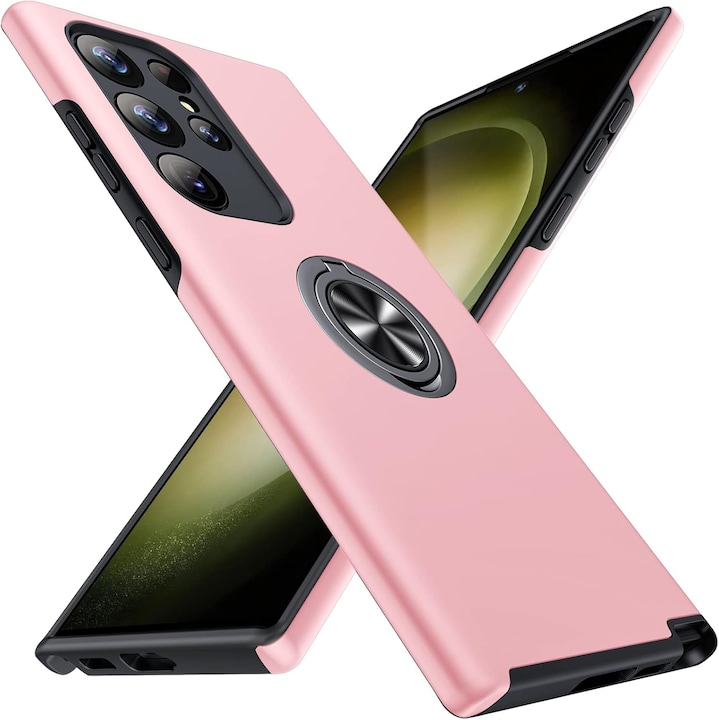 Husa de protectie pentru Samsung Galaxy S23 Ultra, Hybrid Antisoc, Kickstand, Bumper inel rotativ 360, Pink