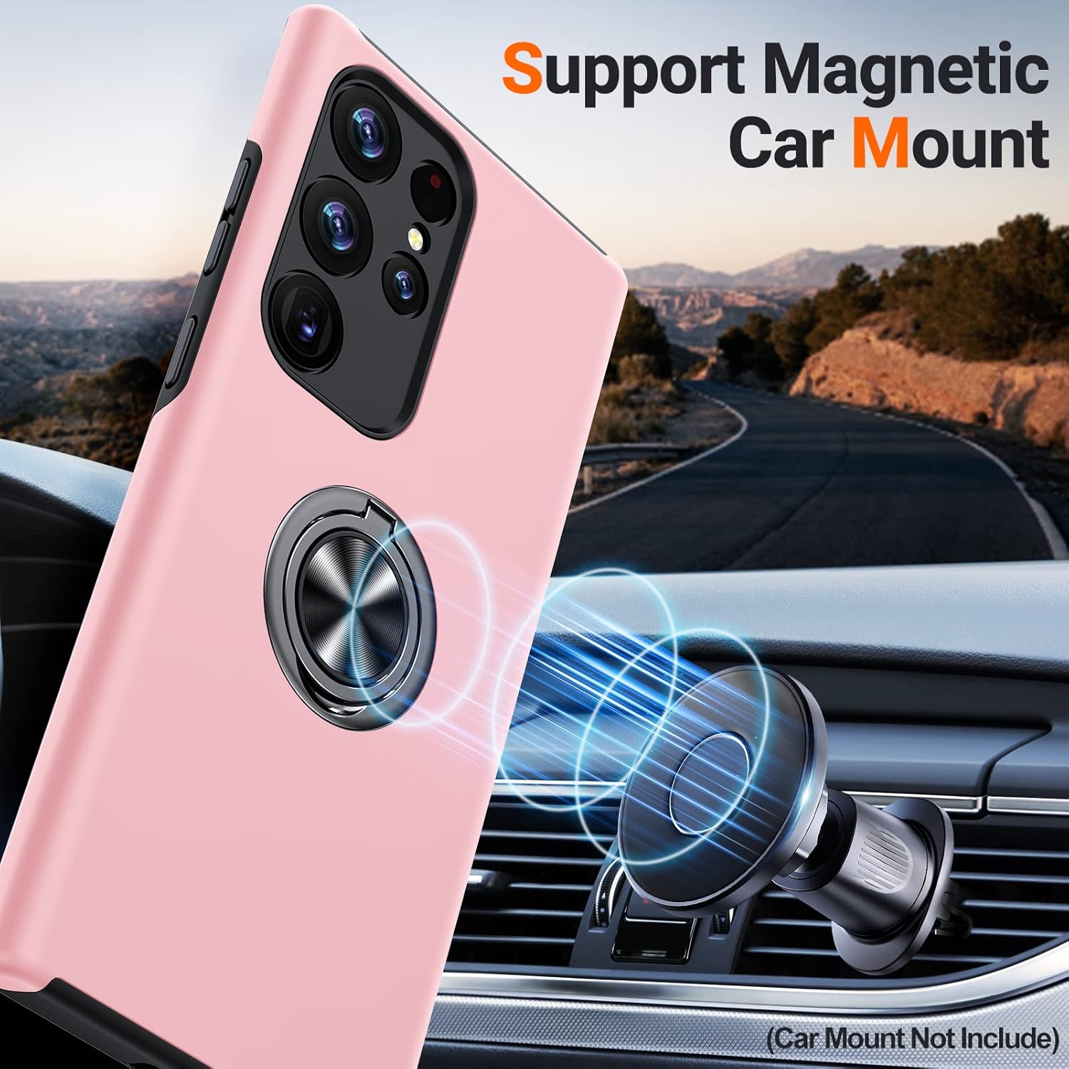 Husa de protectie pentru Samsung Galaxy S23 Ultra, Hybrid Antisoc, Kickstand, Bumper inel rotativ 360, Pink
