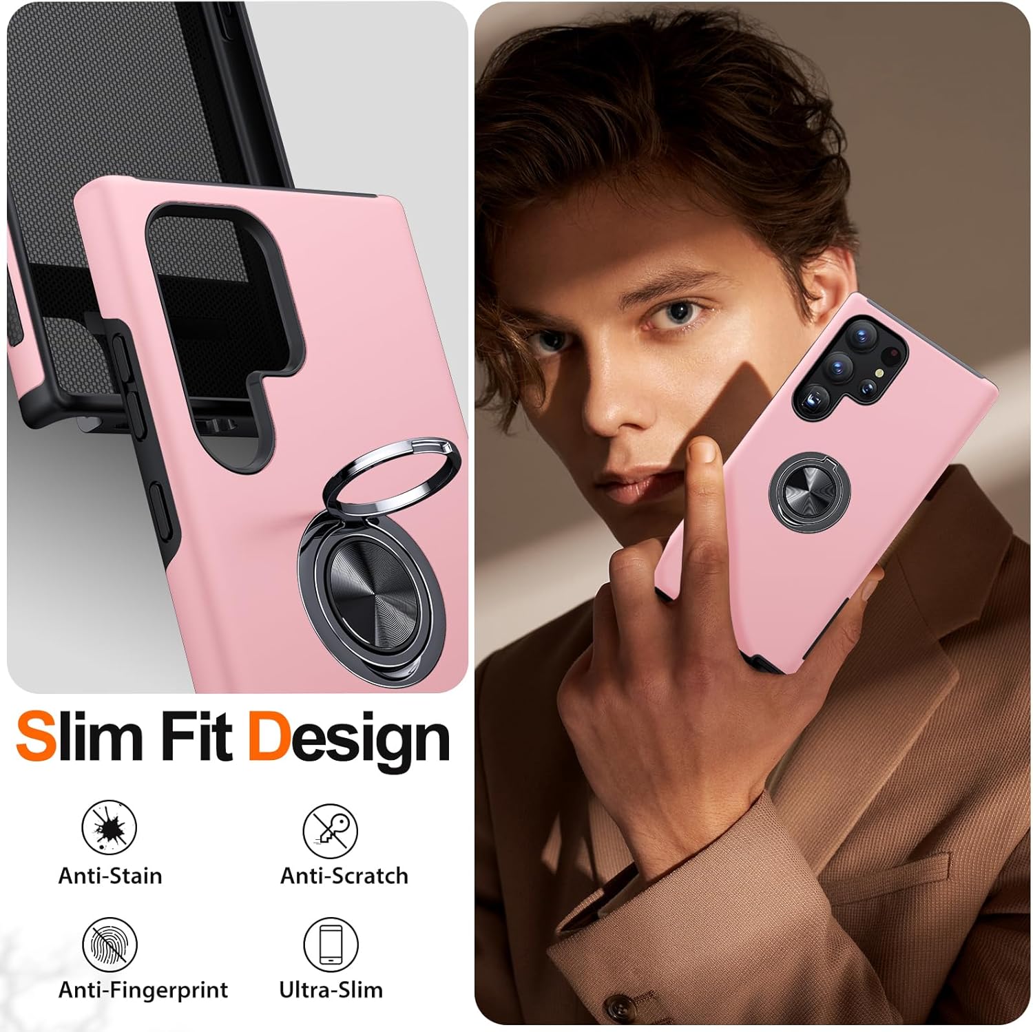 Husa de protectie pentru Samsung Galaxy S25 Ultra, Hybrid Antisoc, Kickstand, Bumper inel rotativ 360, Pink