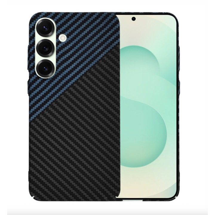 Husa de protectie compatibila cu Samsung Galaxy S25 Plus, Carbonite FiberShell, policarbonat, model carbon, Albastru-Negru