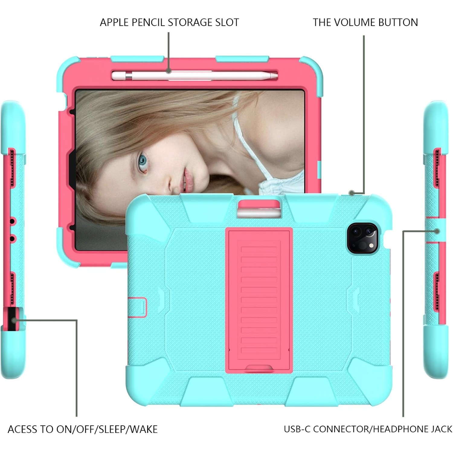 Husa premium Sigloo pentru Apple iPad Air 11, Air 5, Air 4, (11/10.9 Inch) – Protectie Completa, suport rabatabil, verede cu detalii roz