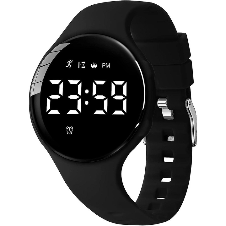 Ceas sport pentru copii, 38mm, negru, cu tracker de fitness, alarma, rezistent la apa