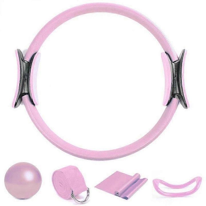 Set accesorii Pilates, inel Pilates, minge mini anti-explozie, benzi de rezistenta, roz