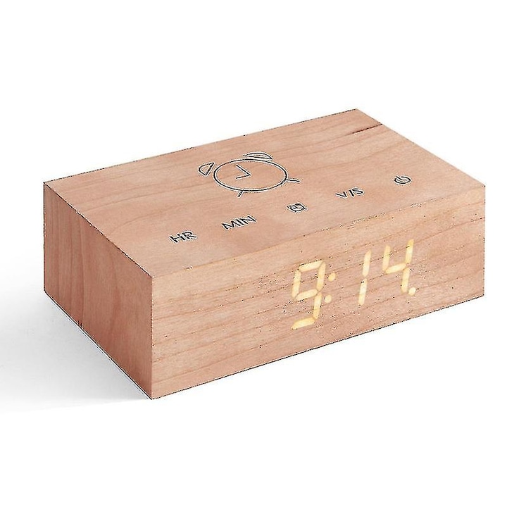 Flip Click Clock ébresztőóra, hangvezérelt technológia, gravírozott érintésvezérlés, természetes fa, 10.8x7x3.6cm