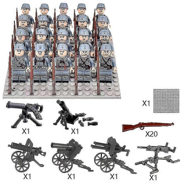 Set figurine minifigurine asamblate, 20 figurine, 20 pusti, 1 Maxine, 1 pusca de urmarire, 1 BigMaxine, 1 pusca de munte, 1 mitraliera, 1 Tip 92, 1 placa de baza, 4.5cm, plastic