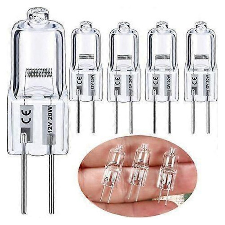 Комплект 5 Халогенни крушки G4 12V 20W, 3000 часа живот, 300 лумена, Топло бяло, 0,8x3см