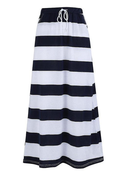 Fusta maxi, dungi la moda, albastru alb, poliester, talie inalta