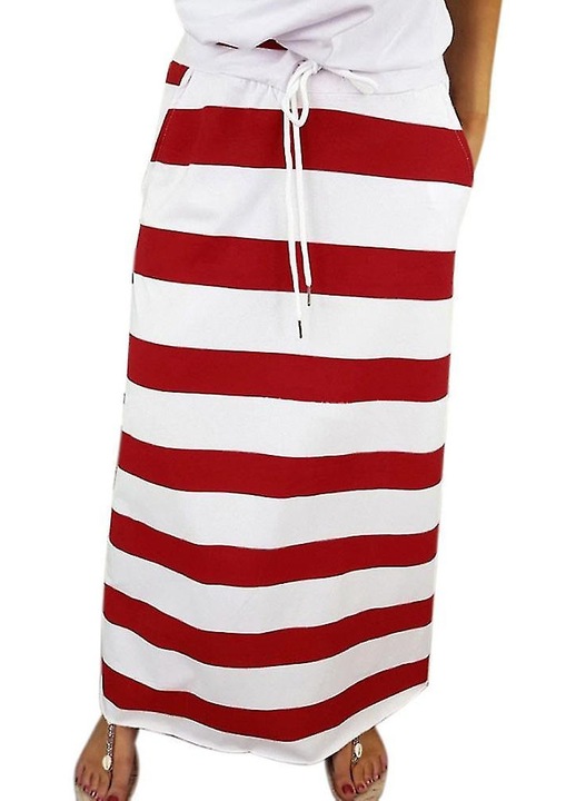 Fusta maxi, dungi la moda, rosu alb, poliester, talie inalta, M INTL