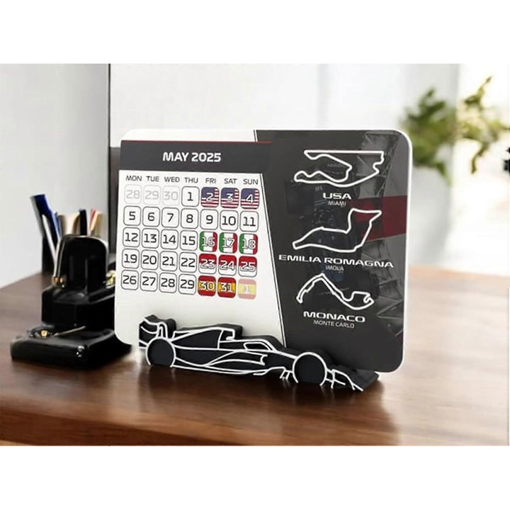 Calendar 2025, Racing, 7.0"x5.5", decoratiune birou, suport pentru masina