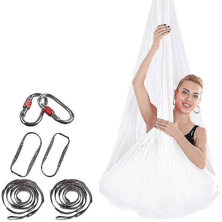 Hamac yoga, 4m x 2.8m, elastic, antiderapant, alb, set cu carabiniere si curele de intindere