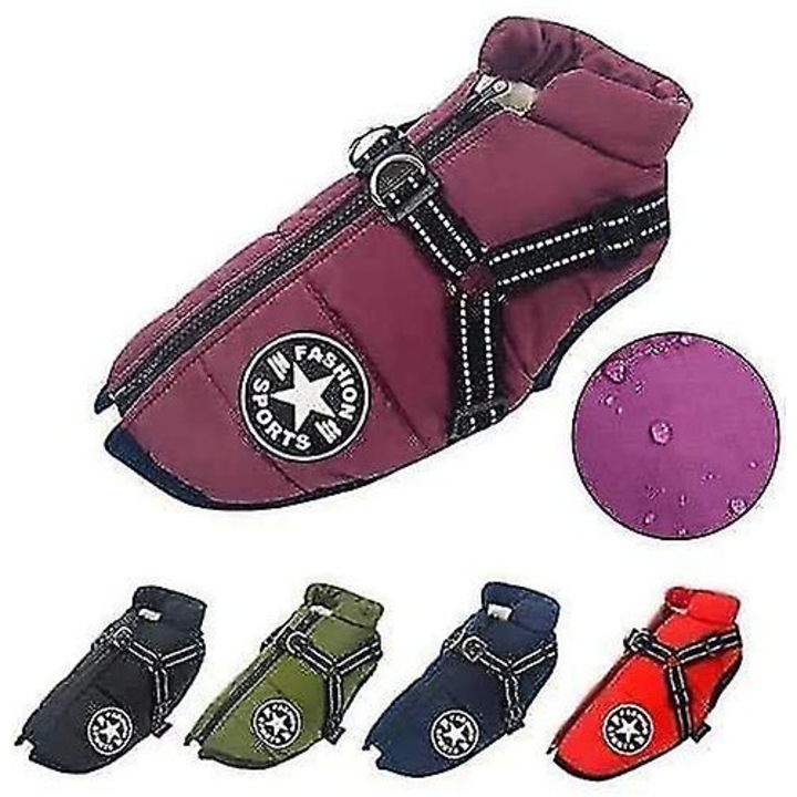 Jacheta pentru caini cu ham, impermeabila, 2XL, mov, pentru vreme rece