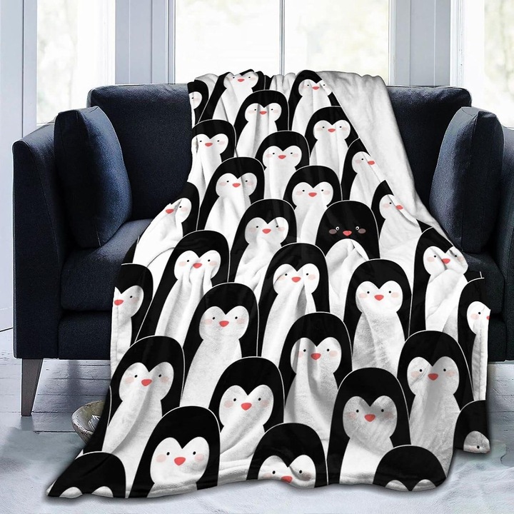 Patura din flanel anti-pilling, imprimeu cu pinguini, 125x100cm, 150x125cm, 200x150cm, set de paturi