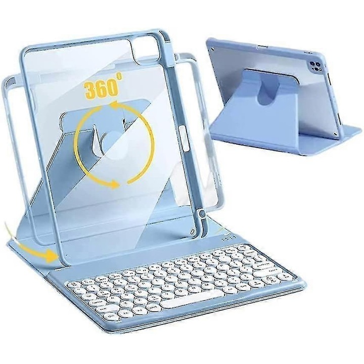 Калъф за таблет с разглобяема, въртяща се клавиатура, за iPad Pro 12.9", 6-то поколение 2022, 5-то поколение 2021, 4-то поколение 2020, 3-то поколение 2018, прозрачен, син