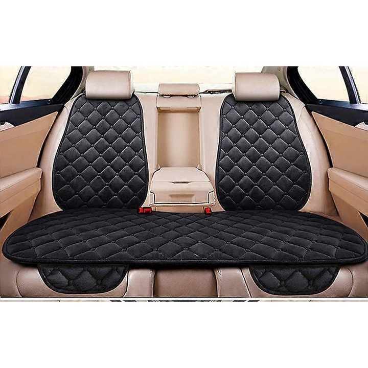 Husa auto din blana artificiala, set 3 piese, negru/rosu/bej/gri/maro, pentru scaune fata si spate