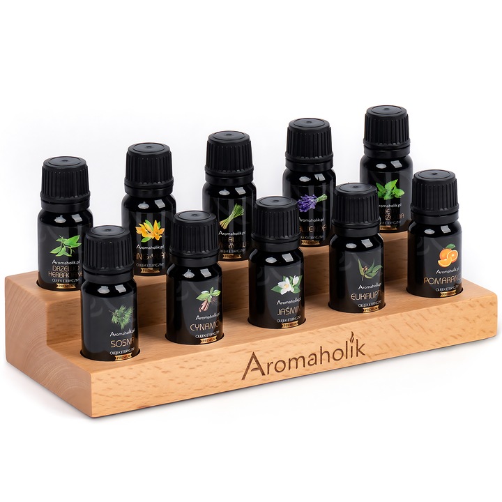 Set Arome, Kit Explorator, 10 Uleiuri Esentiale, Baza Din Lemn, 10x10ml, Natural, Solubil In Apa