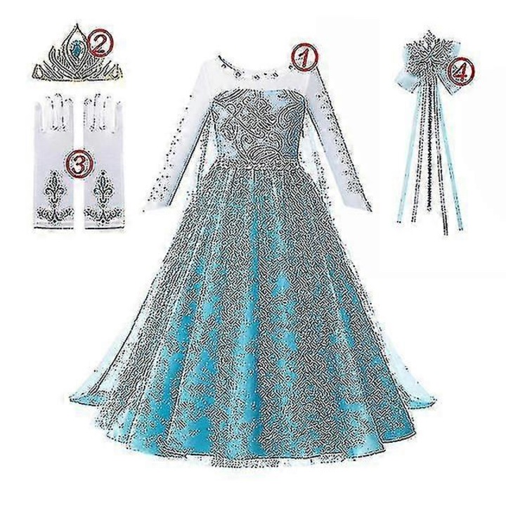 Rochie pentru fete, set 4 piese, model Elsa, albastru, 5-6 ani