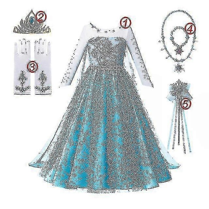 Rochie pentru fete, Elsa si Anna, set 5 piese, alb si mov, 9-10 ani