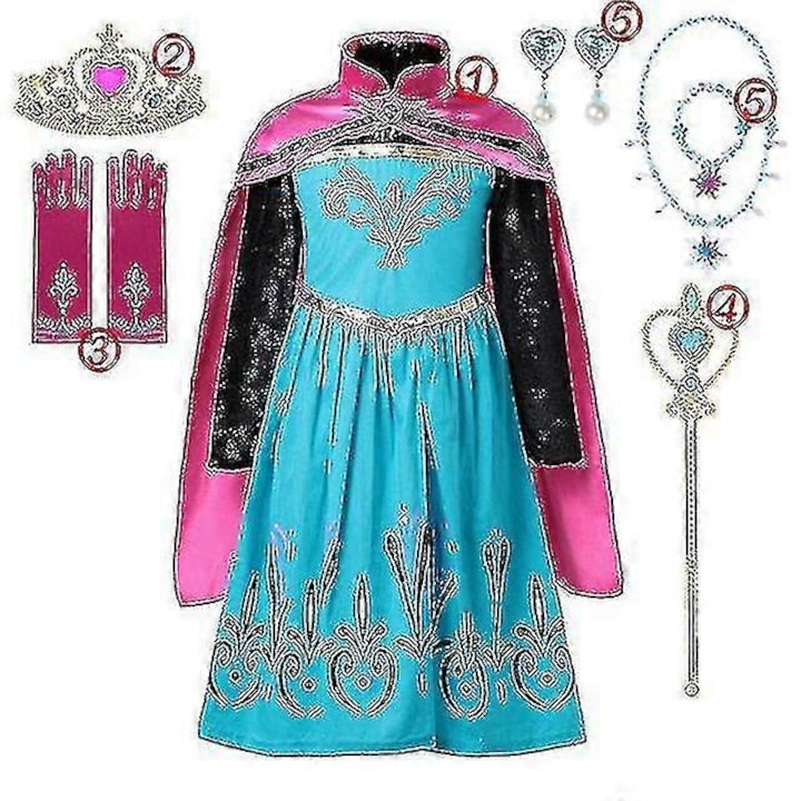 Rochie pentru fete, Elsa si Anna, set 6 piese, alb si mov, 3-4 ani