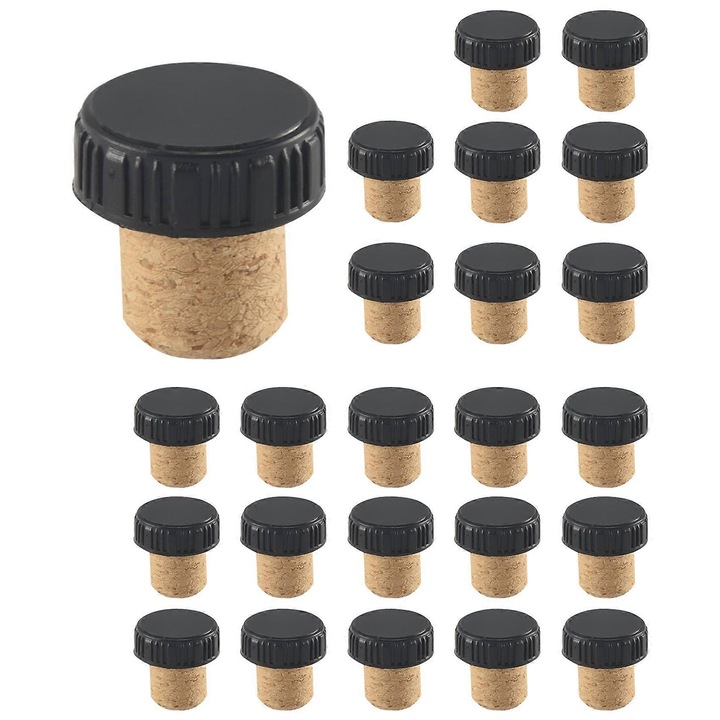 Set 24 dopuri din pluta T, cu varf din plastic, pentru sticle de vin, culoare neagra, lemn, dimensiune 2x3cm
