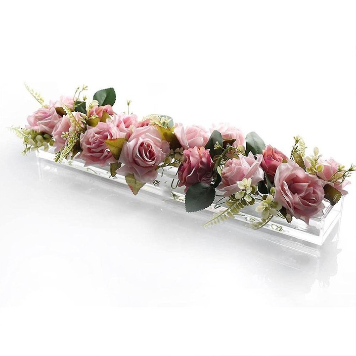 Vaza florala din acril transparent, set 3 dimensiuni, 18 gauri pentru flori, 45x10x6.5cm, 40x10x6cm, 30x10x6.5cm
