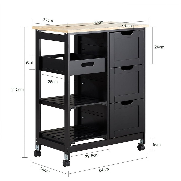 Carucior de bucatarie modern, 67x37x84.5cm, MDF si lemn de pin, negru, cu 3 sertare , 2 rafturi