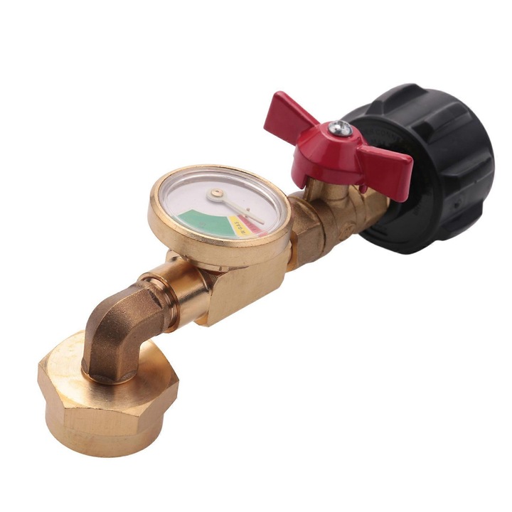 Adaptor 90 grade pentru butelie propan 1LB, cu supapa ON/OFF si manometru, din alama